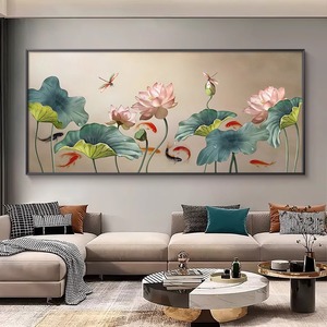 手绘油画新中式客厅装饰画轻奢高级感挂画沙发背景横幅荷花九鱼图