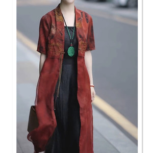 新中式春夏新款复古开衫风衣女民族风气质网纱拼接中长薄外套