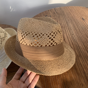 夏季手工编织镂空草帽款卷边爵士礼帽男沙滩帽旅游帽子男女士通用