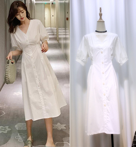 限时特价 韩版V领收腰单排扣连衣裙礼服女主持人中长款白色衬衫裙