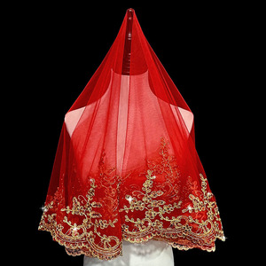 新娘结婚出嫁凤冠霞披盖头结婚礼服中式复古秀禾服半透明红色盖头