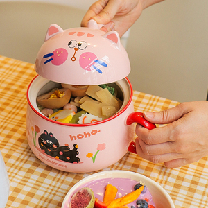 陶瓷泡面碗带盖日式可爱大容量学生手柄微波炉高颜值荞麦面女猫咪