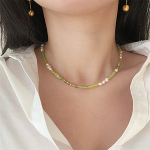 WITH GJ原创设计 青竹 新中式绿色系天然玉石珍珠拼接项链女保色
