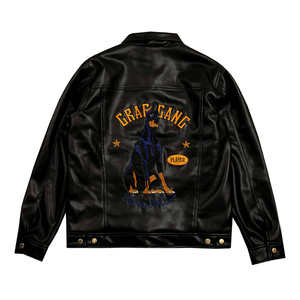 GRAF原创品牌黑色忠诚的杜宾犬羊羔毛内里金扣防寒黑皮夹克外套