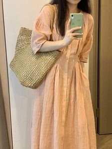 sandro tonali 法式高端橘粉色衬衫连衣裙女夏季新款棉麻宽松长裙