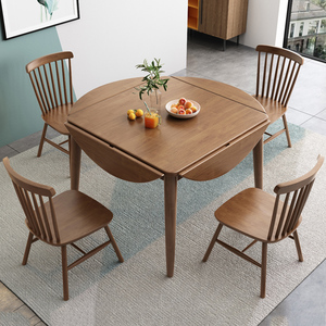圆枱面全实木餐桌现代简约可变圆桌公寓北欧折叠吃饭桌家用小户型