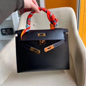 二手奢侈品98新Hermes/爱马仕kelly28黑金BOX皮单肩手提斜挎女包