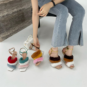 外贸新款水晶高跟凉鞋拼色毛毛时装凉拖鞋女Lazada Women Sandals