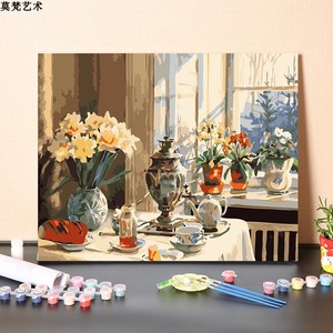 数字油画diy填充美式花园餐厅手工填色画画餐桌上的花瓶油彩挂画
