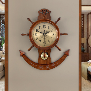 美式实木舵手静音挂钟家用复古装饰时钟创意船舵壁钟中式石英钟表