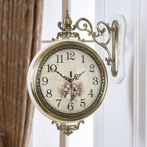 钟表挂钟客厅创意欧式奢华北欧金属双面静音木质美式艺术装饰挂钟