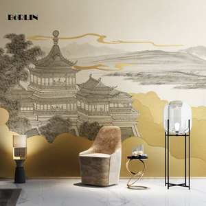 现代中式轻奢风景金色山水楼阁卧室沙发背景墙纸壁布茶室定制壁画