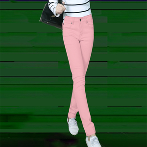 2023年秋冬新款韩版修身显瘦弹力彩色铅笔裤粉色可爱小脚牛仔长裤