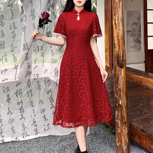 改良旗袍敬酒服新娘订婚红色礼服裙子大码高级感新中式蕾丝连衣裙