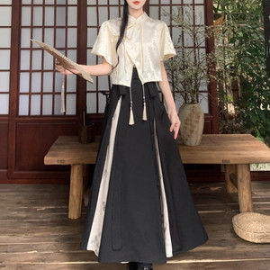 大码新中式古典国风短袖上衣马面裙两件套夏季文艺复古套装连衣裙