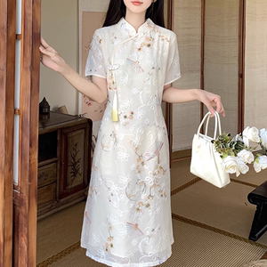 大码新中式国风改良旗袍裙子女夏季复古优雅刺绣小清新气质连衣裙