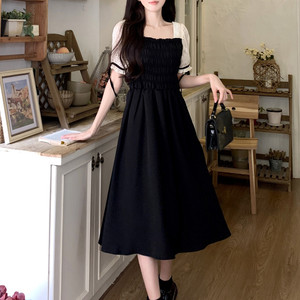 赫本风韩系蕾丝短袖拼接黑色裙子夏季大码优雅松紧高腰遮肚连衣裙