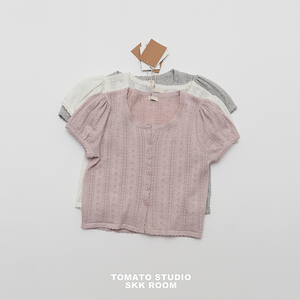 韩国夏装新款粉色少女镂空短款冰丝圆领泡泡袖针织衫上衣开衫
