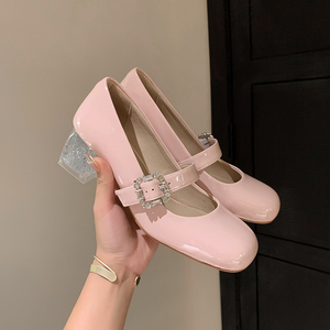 粉色高跟鞋透明水晶粗跟水钻方扣玛丽珍鞋圆头浅口羊皮法式单鞋女