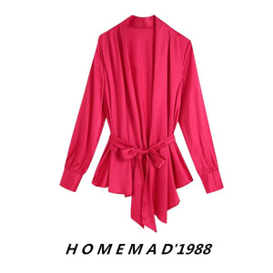 1988女装新款22年秋季丝滑质感缎面围巾式系带舒适和服开衫衬衣女