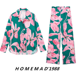 1988女装新款23年粉绿色印花翻领丝缎衬衫高腰松紧休闲长裤女套装