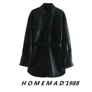 1988女装20秋冬新款欧美风个性帅气PU皮配带双口袋翻领中长款衬衣