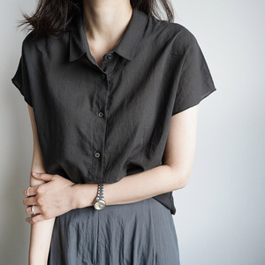 韩版女装新款百搭纯色短袖简约夏季通勤衬衫夏季棉麻翻领半袖衬衣