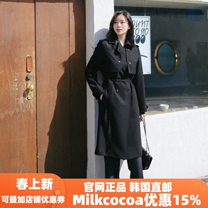 milkcocoa韩国代购2024新款女装春季法式黑色双排扣长款风衣外套