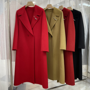 中国红双面长款修身羊毛大衣秋冬外套新娘红系带气质西装领大衣女