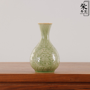 耀州窑仿古宋代橄榄青釉梅瓶中式收藏小号摆件台面花瓶玉壶春瓶