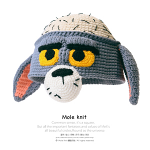 汤姆猫秃顶帽子手工毛线针织猫和老鼠秃头焦虑秋冬天玩笑礼物帽子
