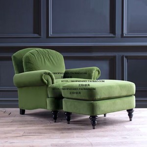 比利时美式新古典实木布艺单人位沙发椅+脚蹬别墅客厅组合家具