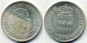 摩纳哥:1966年10法郎纪念银币(查尔斯三世登基100周年)