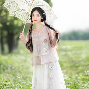 玫瑰布偶 清水溪 原创夏天日常改良汉服女短袖补服松紧白色半身裙