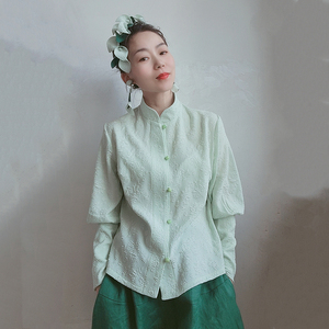 【百合】春夏新品女士上衣立领长袖衬衫文艺复古原创设计豆沙绿色