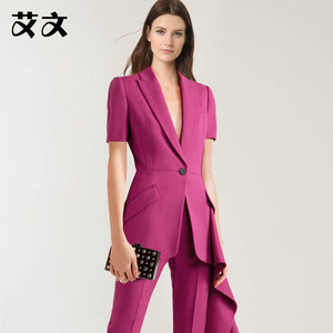 女总裁套装高端短袖下摆不对称修身玫粉色九分裤西服职业正装9355