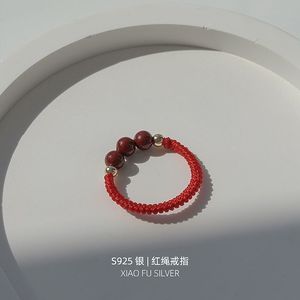 s925银朱砂红绳戒指女款小众设计转运本命年红绳编织指环闺蜜礼物