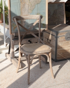 北欧法式田园风格实木橡木风化色藤垫复古交叉背叉做旧餐椅子