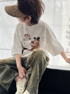 夏装韩版白色米奇老鼠卡通动漫印花宽松短袖t恤童装宝宝儿童男童