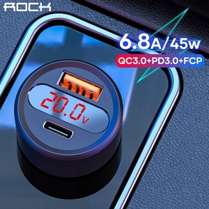 ROCK带屏显QC3.0/PD双口45W车载快速充电器适用iphone13p三星小米