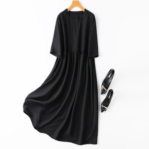 120cm加长 真丝重磅绢丝圆领八分袖黑色连衣裙蚕丝大码长裙袍子