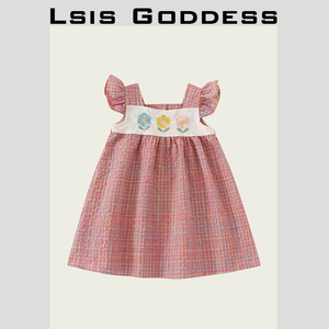 Lsis goddess意大利女童24新款花朵刺绣格子连衣裙洋气儿童裙子潮