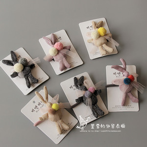 韩国新款儿童发饰女童手工布艺兔子发夹发绳宝宝兔子头夹发圈皮筋
