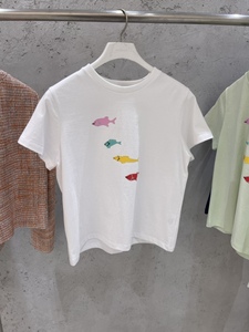 韩国直邮6PENCE-P东大门代购24早春女装可爱小鱼印花圆领短袖T恤