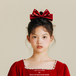新年圣诞高级感红色丝绒蝴蝶结珍珠发夹儿童顶夹公主气质宝宝发卡