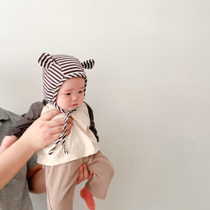 可爱熊耳朵新生儿胎帽韩版婴儿个性细条纹绑带帽超萌宝宝护耳帽子