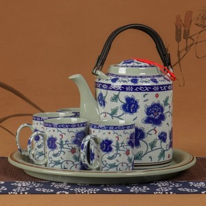 景德镇陶瓷冷水壶套装家用大容量凉水壶老式凉茶壶仿古青花提梁壶