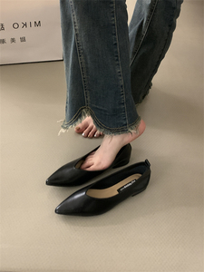 韩版百搭尖头单鞋平底一脚蹬黑色气质通勤鞋小皮鞋秋冬法式女鞋子