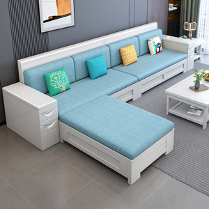 现代中式白色实木沙发组合冬夏两用储物经济型客厅高靠转角沙发