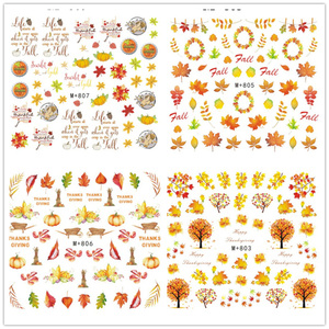 10张包邮 M807指甲油胶水印水转印美甲贴纸贴花秋季枫叶黄色树叶